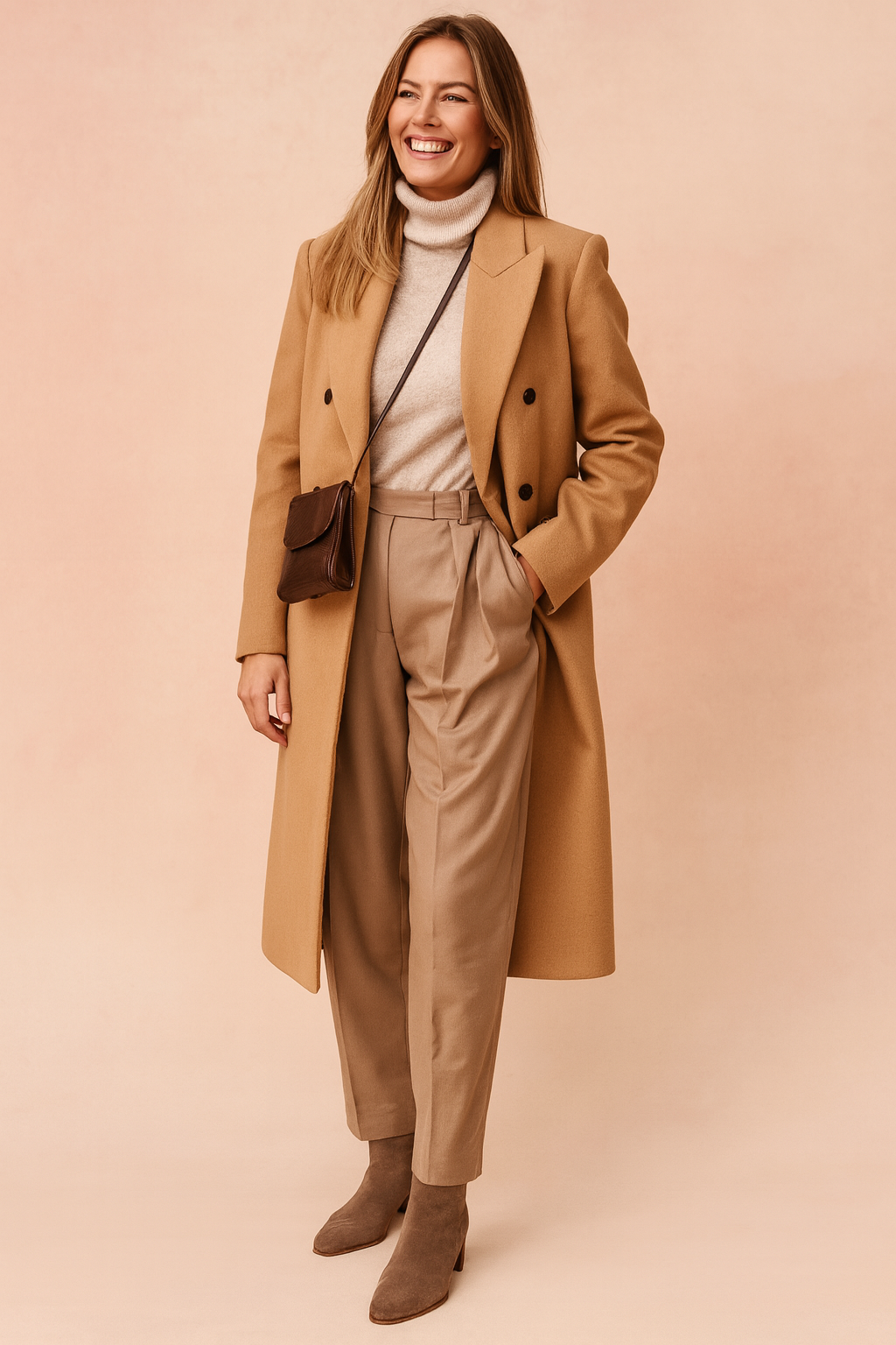 Elegant camel wool coat with double-breasted button design, paired with a beige turtleneck sweater, high-waisted pleated trousers, and taupe suede ankle boots, styled with a brown leather crossbody bag.