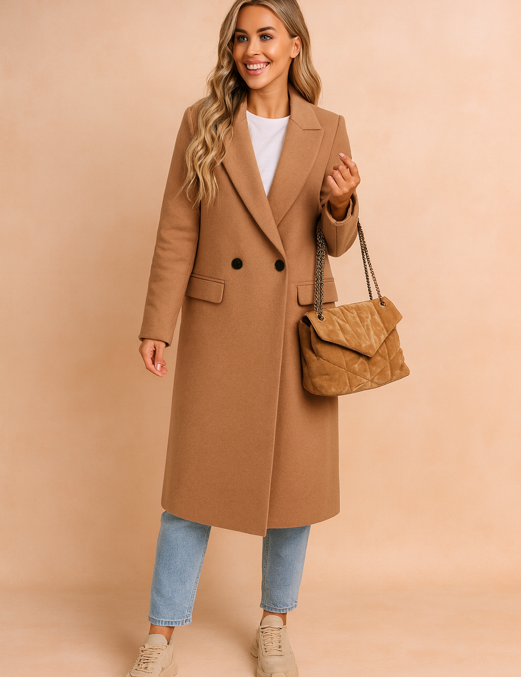 Camel double-breasted wool coat with black buttons, paired with light blue straight-leg jeans, beige chunky sneakers, and a quilted tan chain-strap handbag.