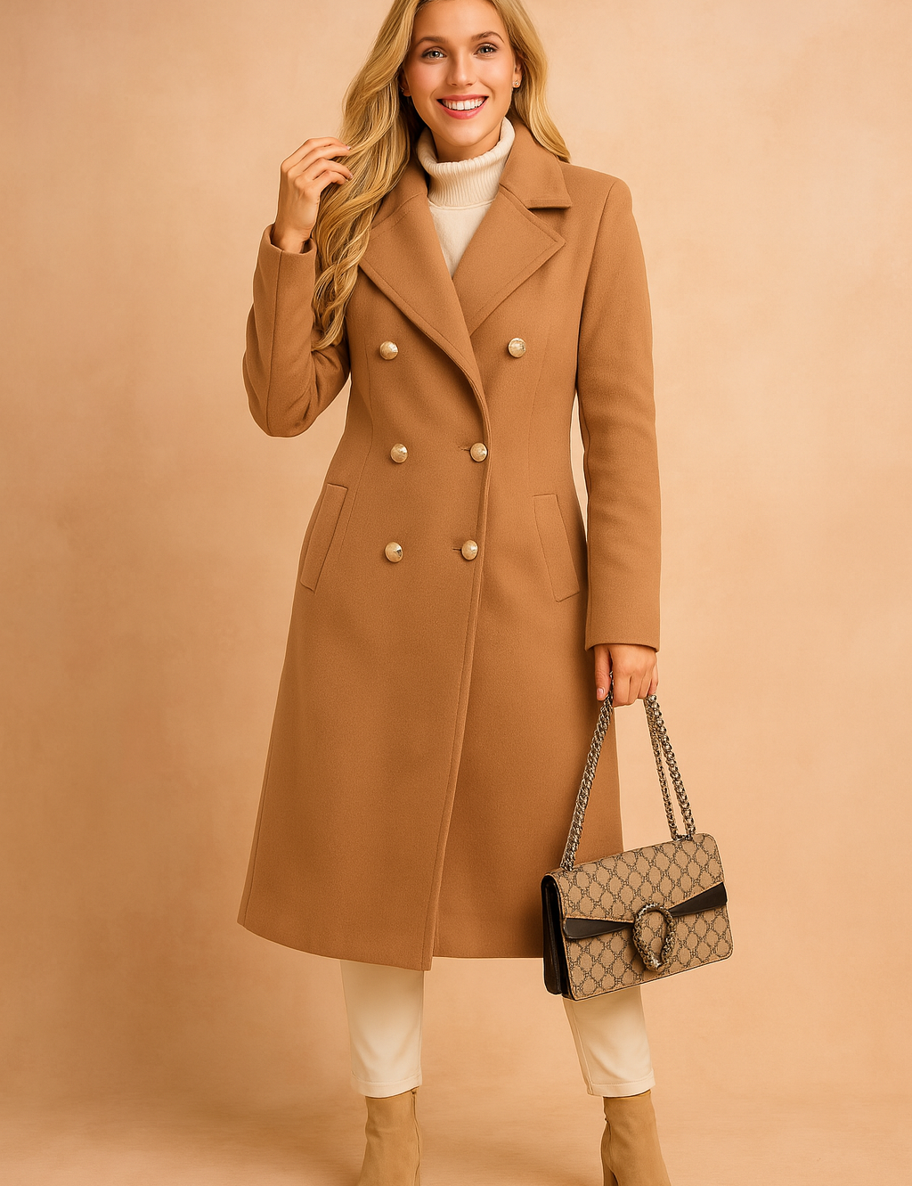 Double-breasted long trench coat with pearl-style buttons, tailored fit, structured lapels, and elegant detailing for a refined winter look.