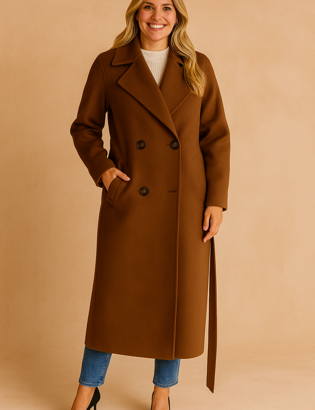 Camel-colored long overcoat with double-breasted button closure, wide lapel collar, belted waist tie, and side pockets, styled over a ribbed white turtleneck sweater and slim blue jeans.