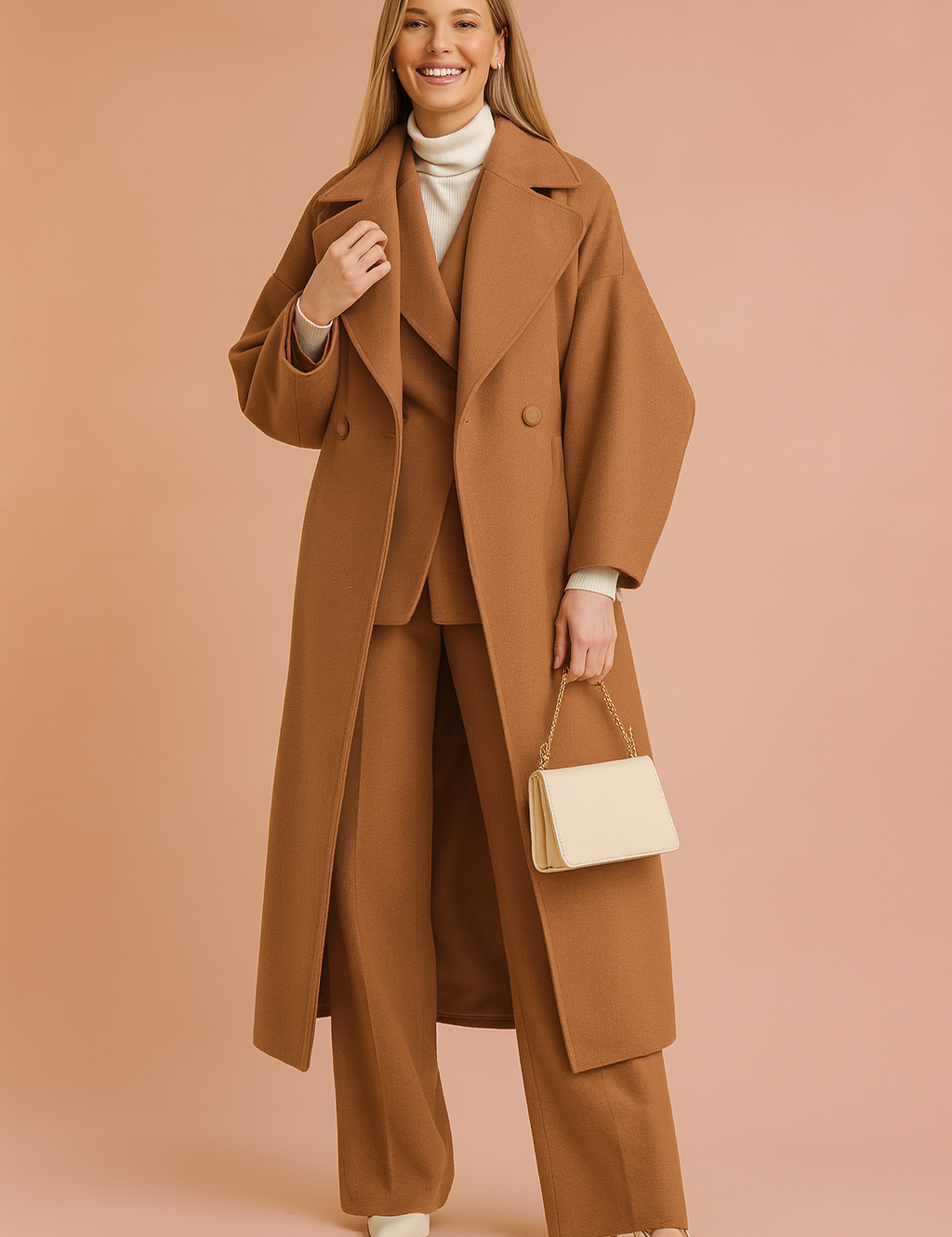 Camel double-breasted long coat with wide lapels, paired with matching wide-leg trousers, a white turtleneck top, pointed-toe heels, and a cream handbag with gold chain strap.