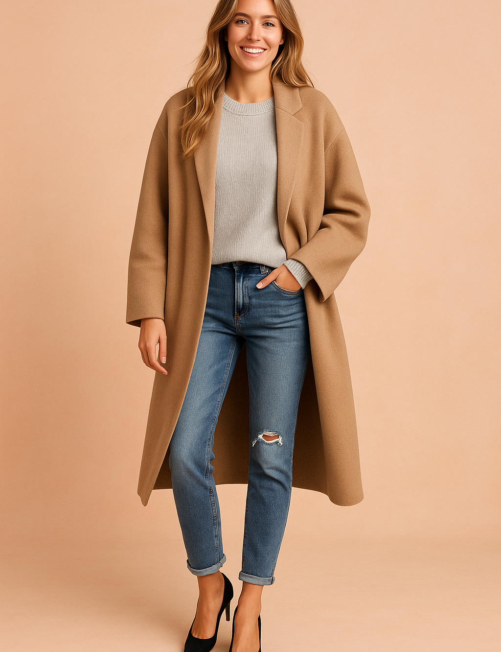 Oversized camel longline coat without pockets, styled over a light grey sweater with distressed cuffed blue jeans and black heels for a clean minimalist look.