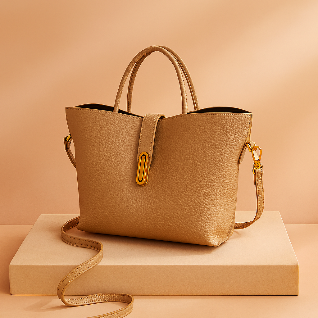 Camel-toned pebbled leather tote bag with a structured trapezoid shape, double top handles, a gold-tone vertical clasp strap, and a long matching shoulder strap, displayed on a neutral podium in soft lighting.
