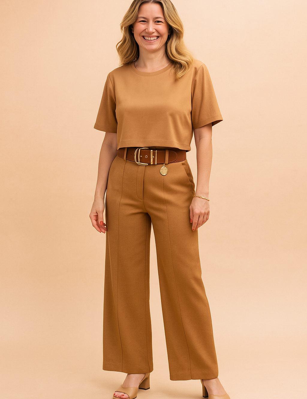 Two-piece camel coord set featuring a structured crop top with short sleeves and matching high-waisted wide-leg trousers. The outfit includes a statement brown belt with gold-tone hardware and a hanging medallion, emphasizing clean tailoring, a smooth matte fabric finish, and seamless vertical creases on the pants for an elongated silhouette.