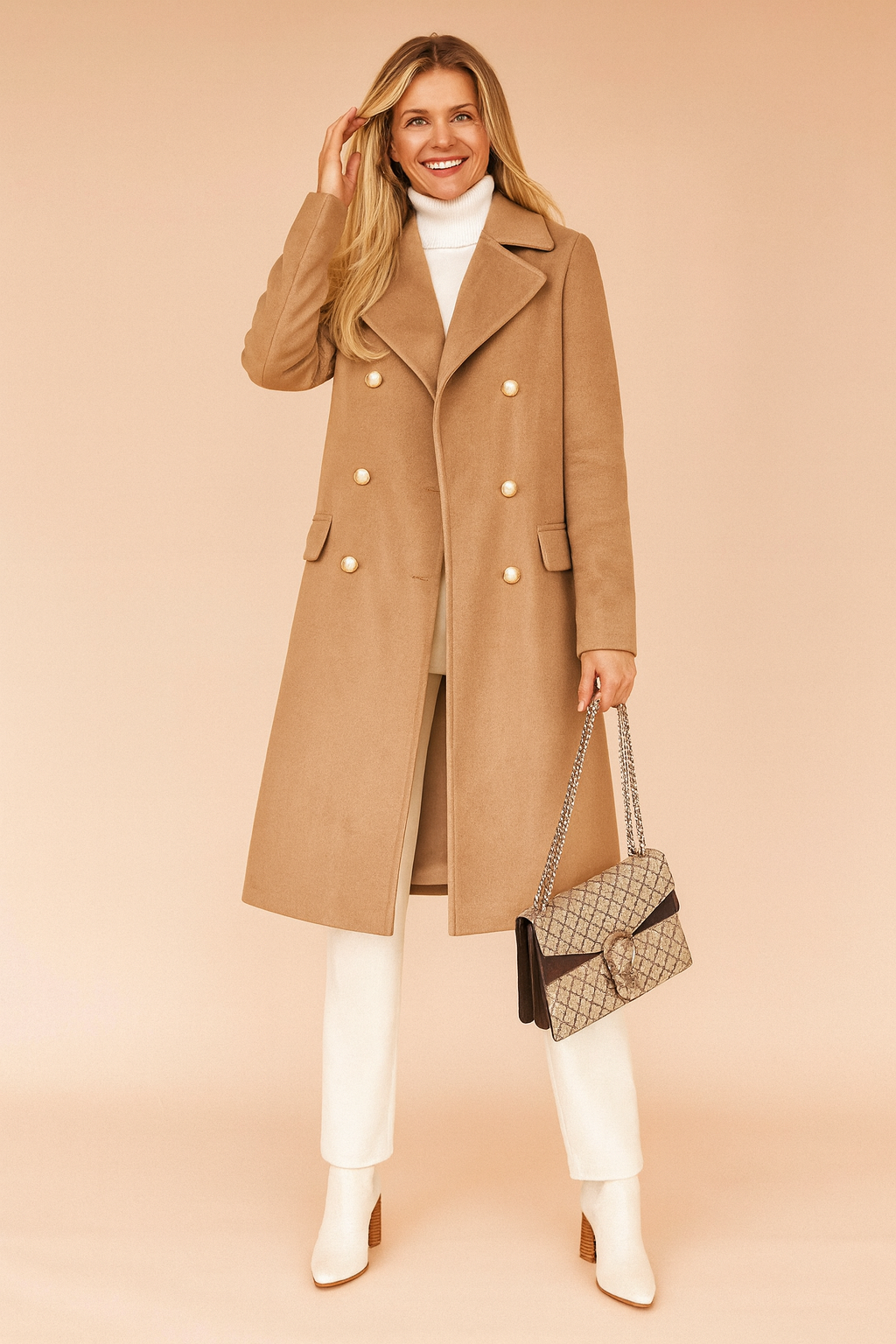 Camel double-breasted wool coat with gold-toned buttons, paired with a white turtleneck, cream trousers, and white ankle boots, accessorized with a beige patterned handbag.