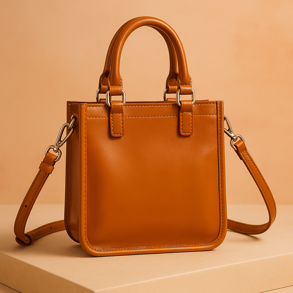 Structured caramel brown leather handbag with double top handles, silver hardware, and an adjustable shoulder strap, displayed on a neutral platform under soft studio lighting.