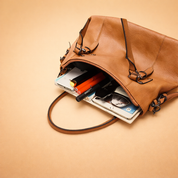 Luxury caramel leather handbag with detachable shoulder strap, polished metal clasp, and refined European craftsmanship details