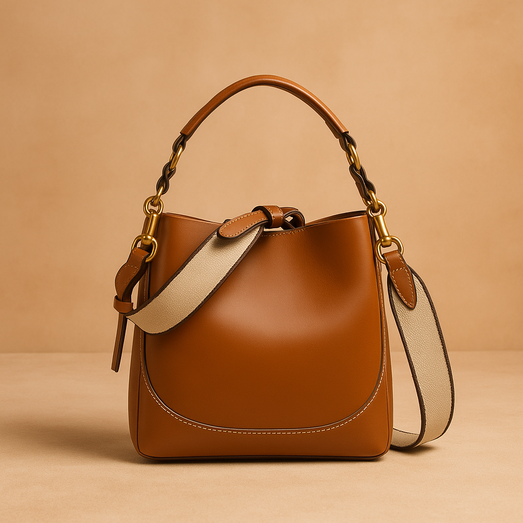  Caramel brown leather saddle bag with curved front panel, gold hardware, and cream canvas strap, placed on a warm sand and pastel pink gradient backdrop with soft studio lighting.