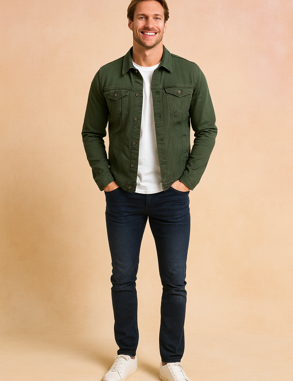 Dark green button-up denim-style jacket with front flap chest pockets, paired with a plain white t-shirt, slim-fit dark blue jeans, and white low-top sneakers.