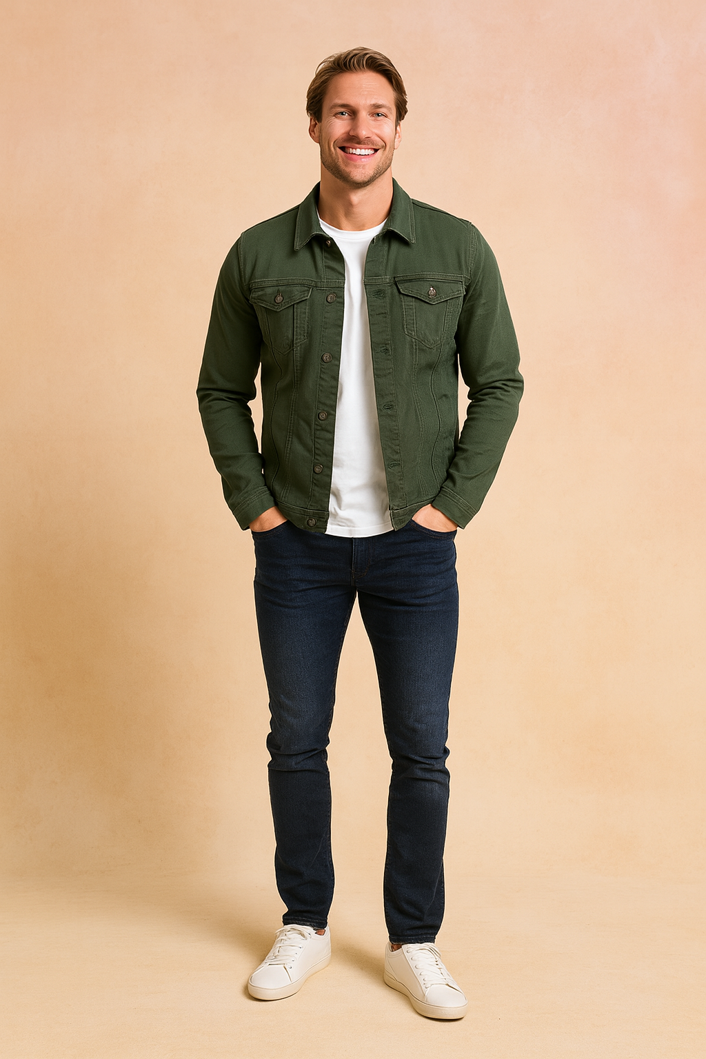 Dark green button-up denim-style jacket with front flap chest pockets, paired with a plain white t-shirt, slim-fit dark blue jeans, and white low-top sneakers.
