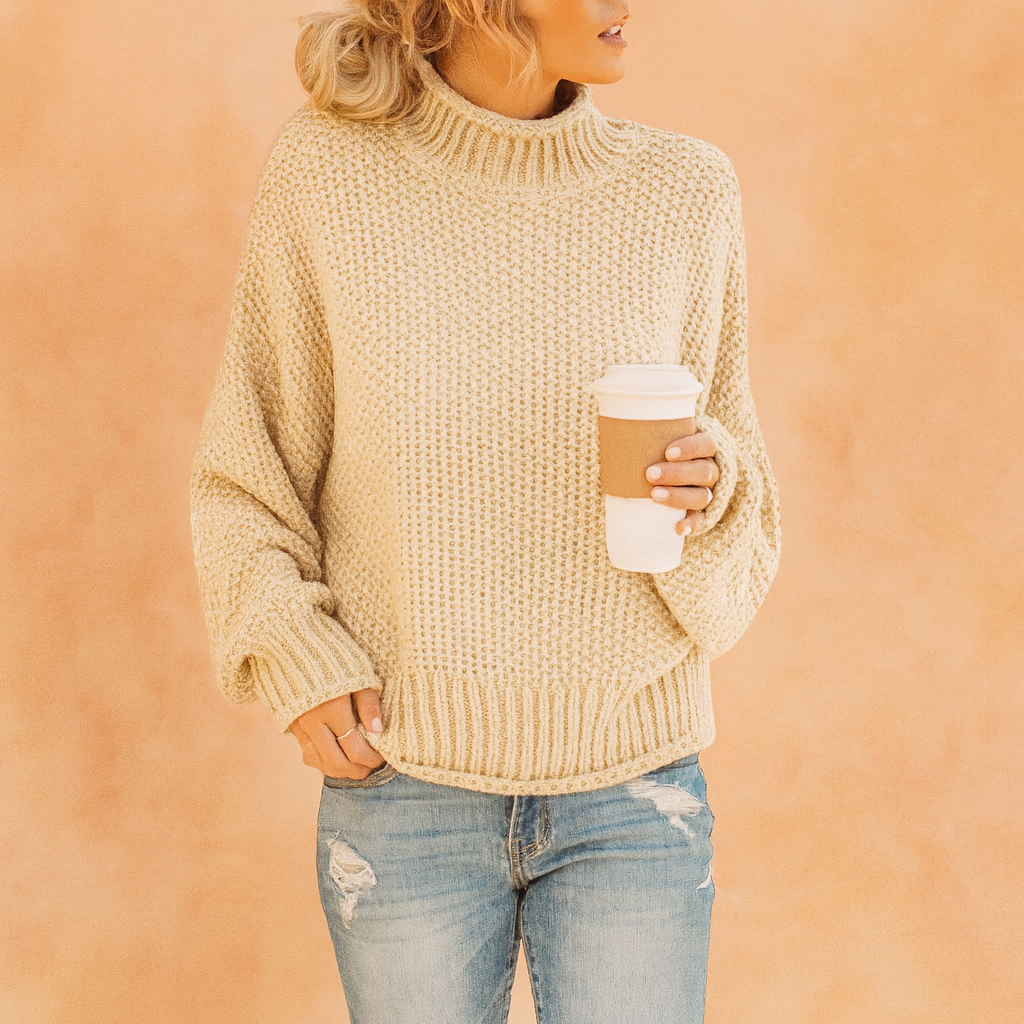 Cream chunky knit turtleneck sweater paired with distressed light blue jeans, styled casually with sleeves slightly rolled and a relaxed fit.