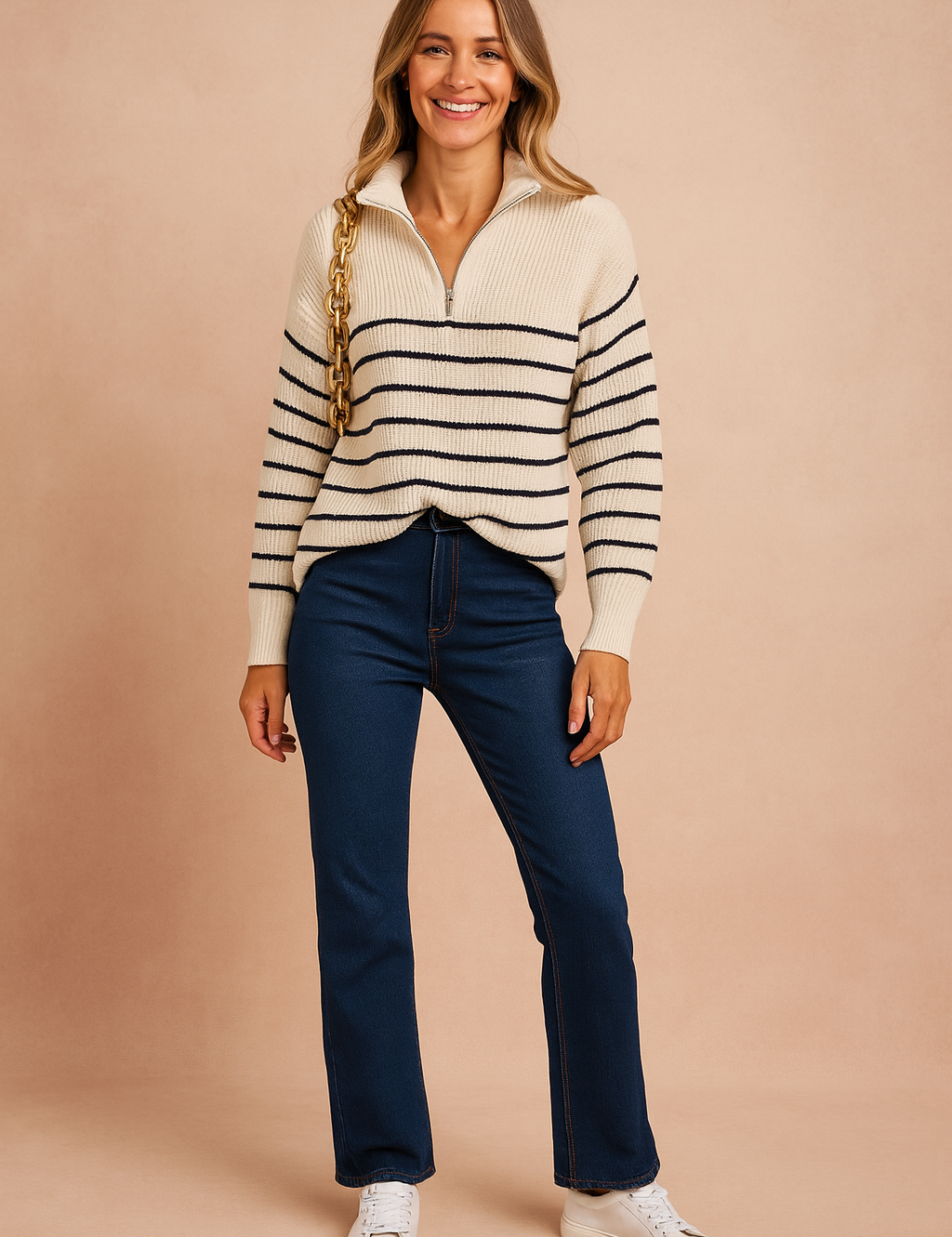 Cream ribbed half-zip sweater with navy horizontal stripes, paired with dark blue straight-leg jeans and white lace-up sneakers.