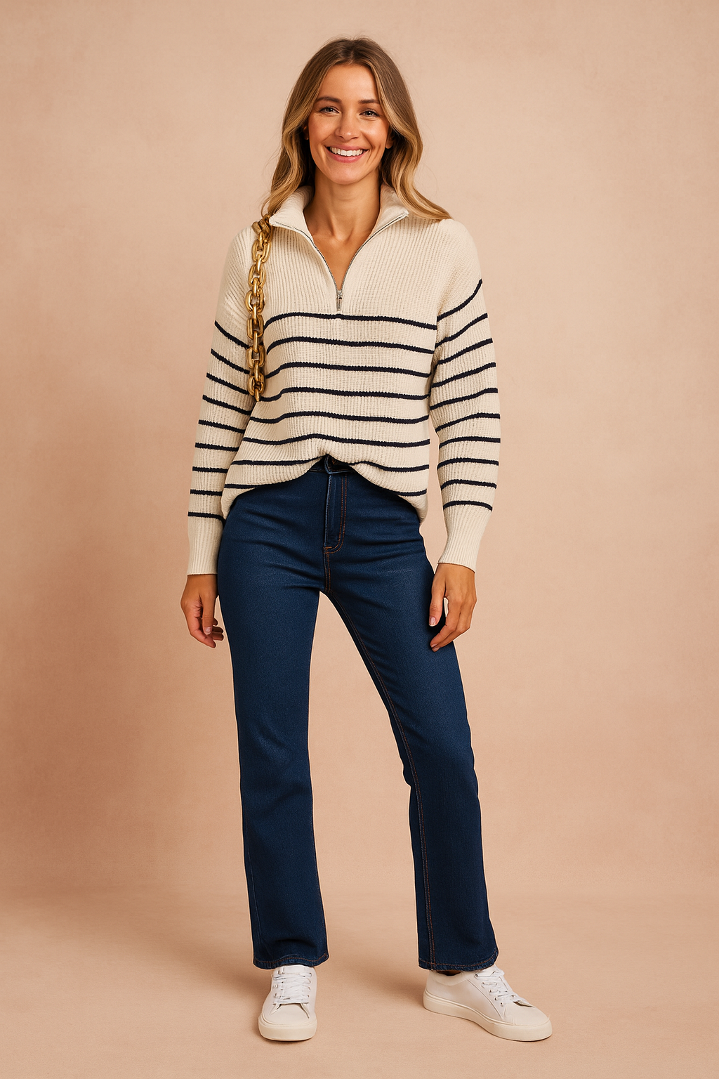 Cream ribbed half-zip sweater with navy horizontal stripes, paired with dark blue straight-leg jeans and white lace-up sneakers.