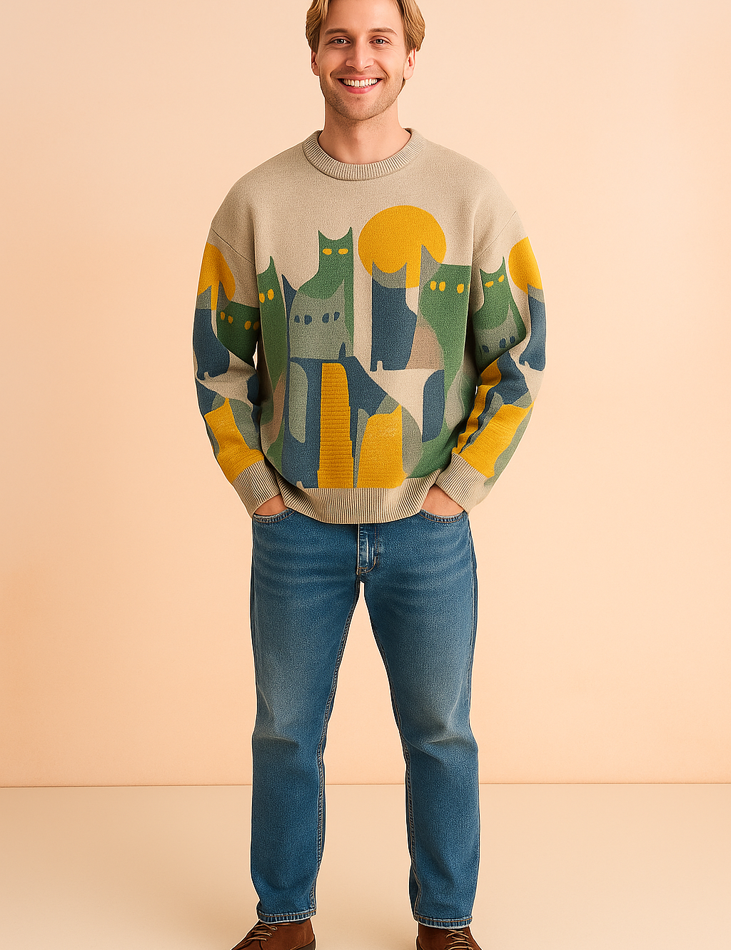 Beige knit sweater featuring abstract cat silhouettes in green, yellow, and blue with a round neckline and relaxed fit, paired with classic blue jeans and brown suede shoes.