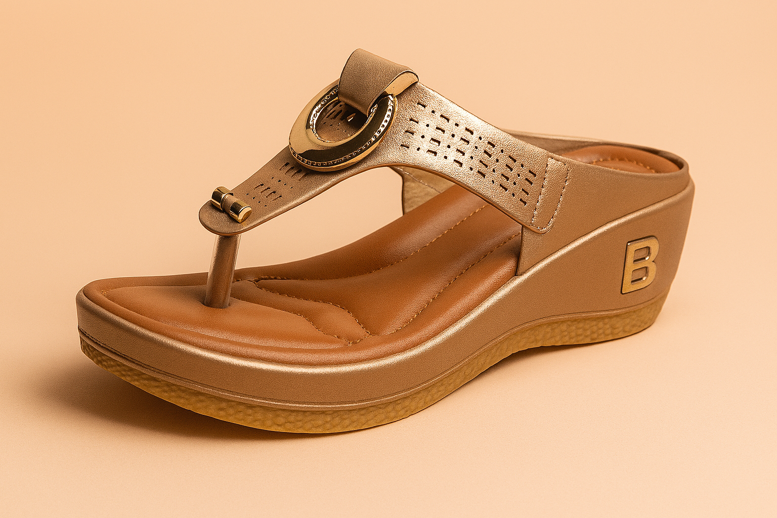Metallic champagne gold wedge thong sandal featuring perforated detailing on the upper strap, circular gold buckle accent, caramel cushioned insole, and textured tan outsole with a raised "B" monogram on the wedge heel.