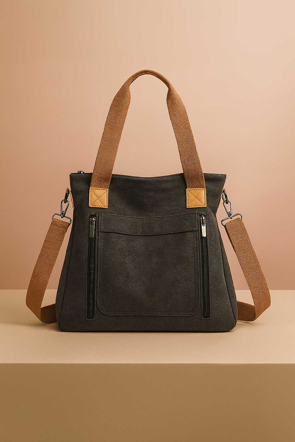 Charcoal grey canvas tote bag with brown shoulder straps, silver zipper details, and front pockets, displayed on a beige platform with a warm sand and pastel pink gradient background.