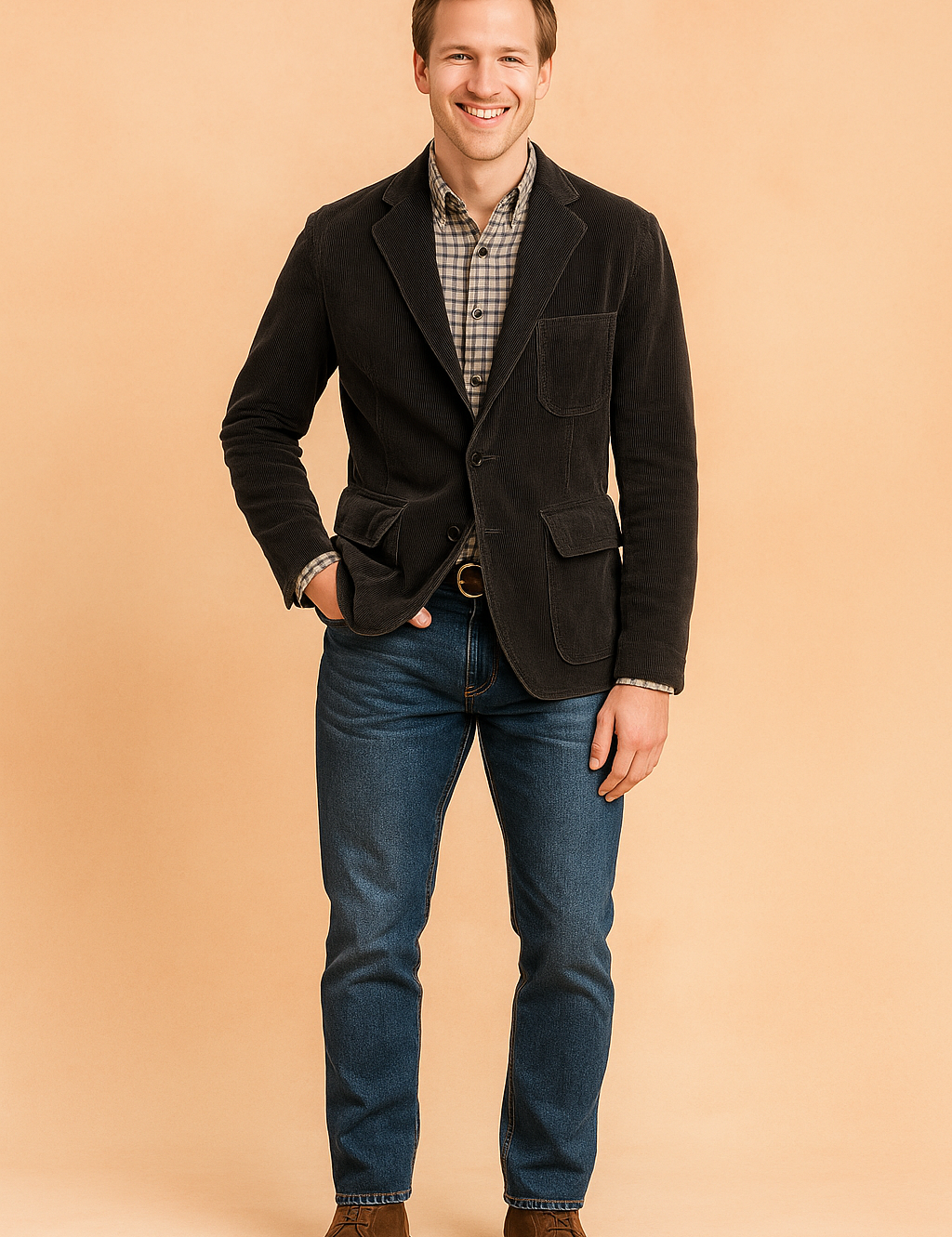 Charcoal corduroy blazer with notch lapel worn over a plaid button-up shirt, styled with blue denim jeans and brown suede boots.