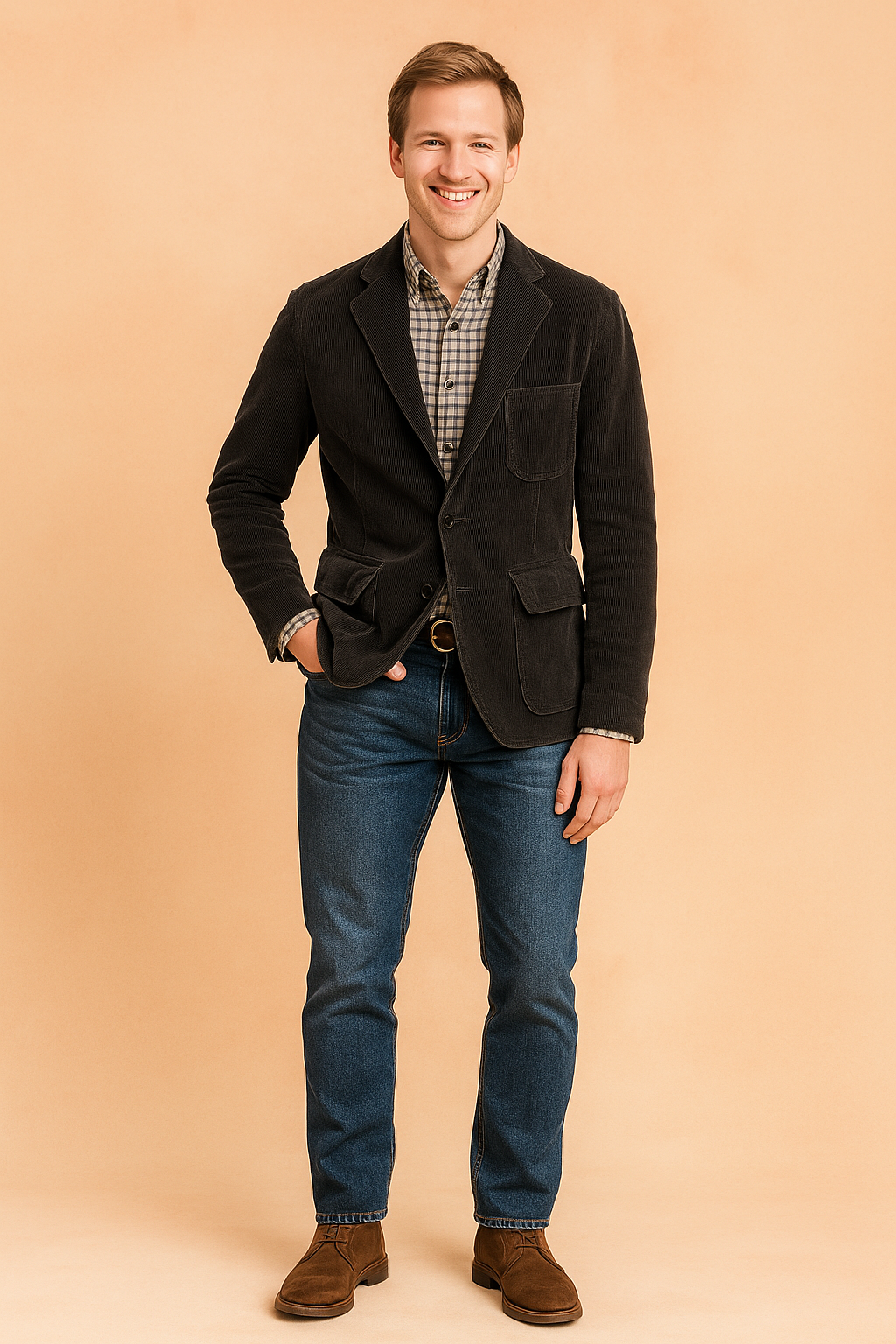 Charcoal corduroy blazer with notch lapel worn over a plaid button-up shirt, styled with blue denim jeans and brown suede boots.