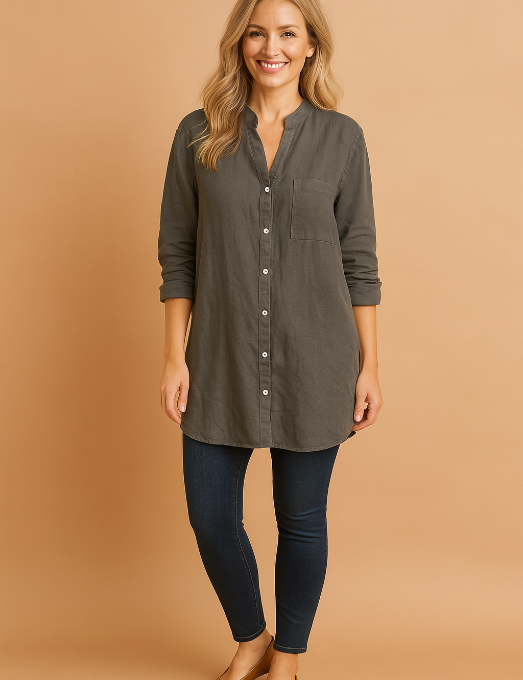 Charcoal gray long-sleeve mandarin collar blouse with white buttons and a single chest pocket, made from lightweight linen fabric and styled with rolled cuffs.