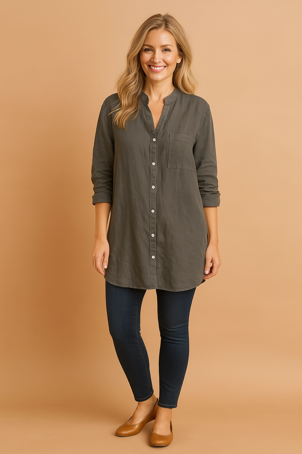 Charcoal gray long-sleeve mandarin collar blouse with white buttons and a single chest pocket, made from lightweight linen fabric and styled with rolled cuffs.