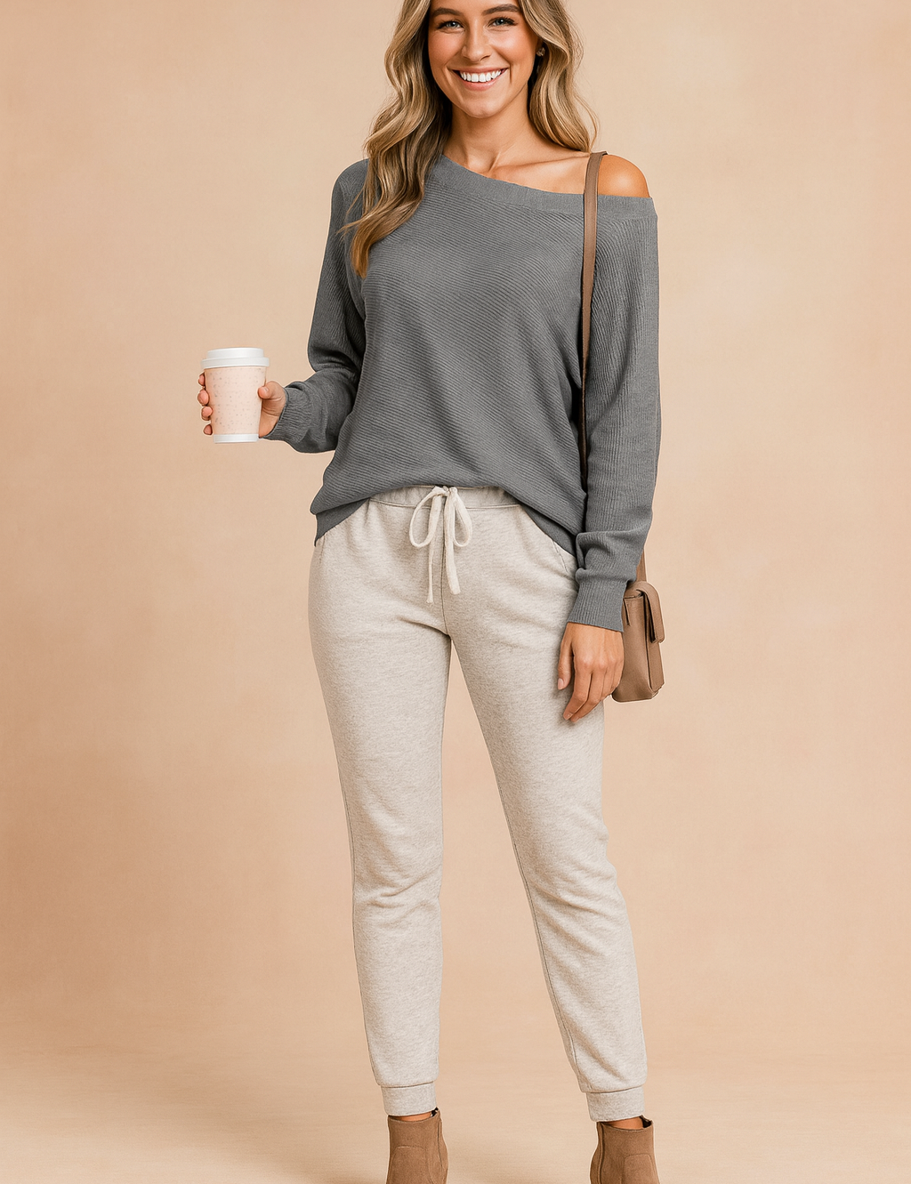  Charcoal gray off-the-shoulder knit sweater paired with light gray drawstring jogger pants and tan suede ankle boots.