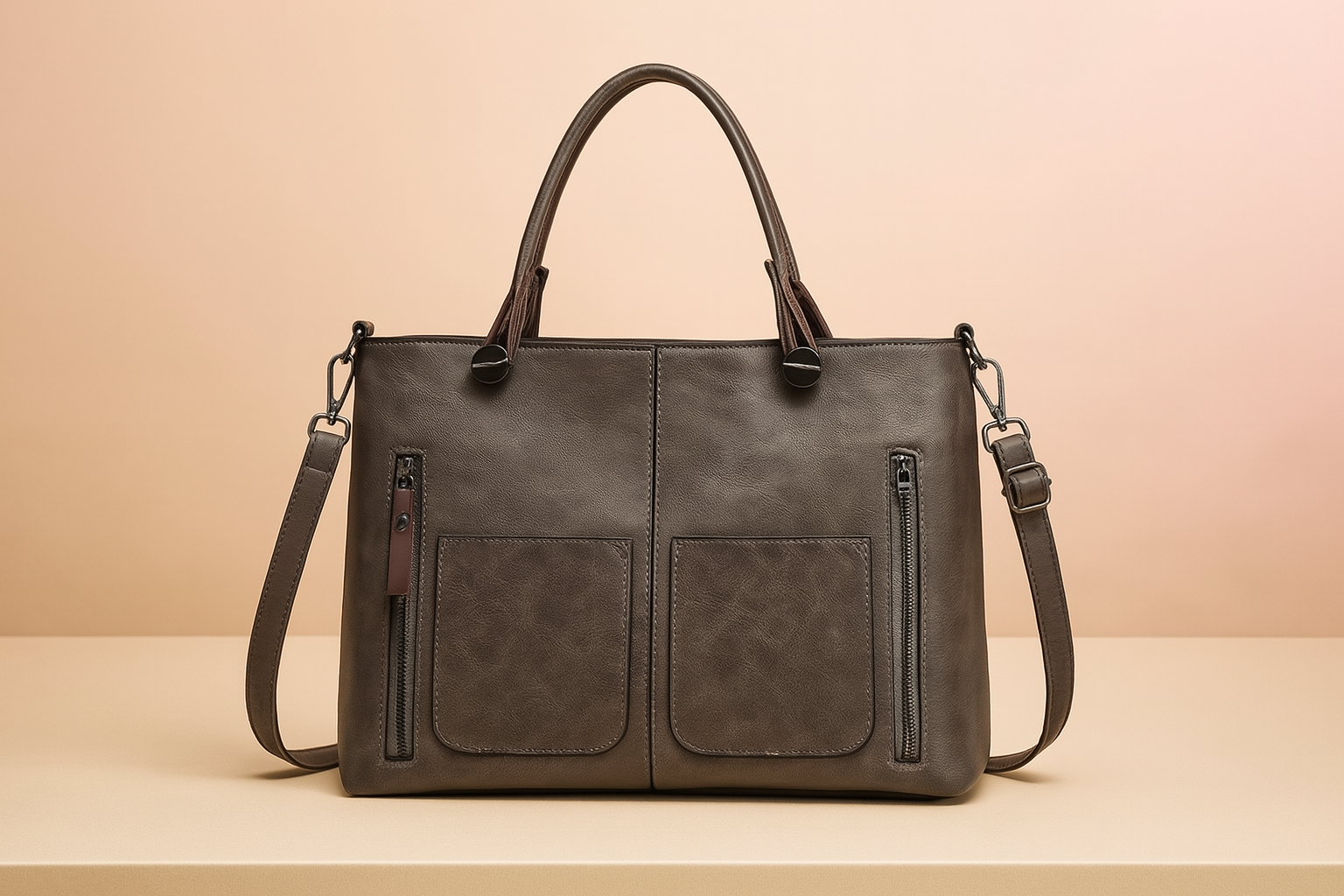 Dark grey-brown leather tote handbag with dual top handles, detachable shoulder strap, two front patch pockets, and vertical zipper compartments, presented on a beige table with a soft pastel gradient background.