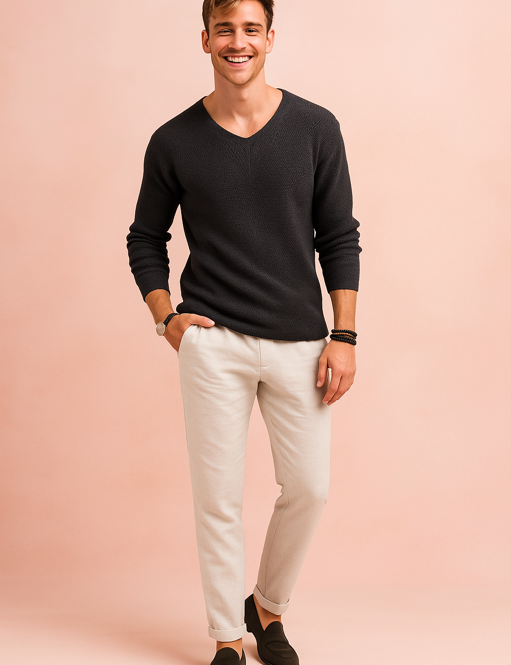Charcoal grey V-neck textured sweater paired with off-white linen trousers and dark loafers, accessorized with a wristwatch and layered bracelets.