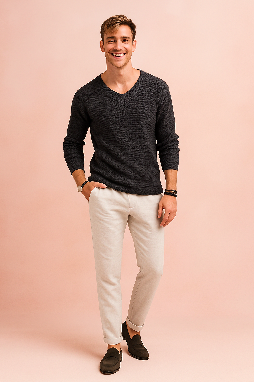 Charcoal grey V-neck textured sweater paired with off-white linen trousers and dark loafers, accessorized with a wristwatch and layered bracelets.