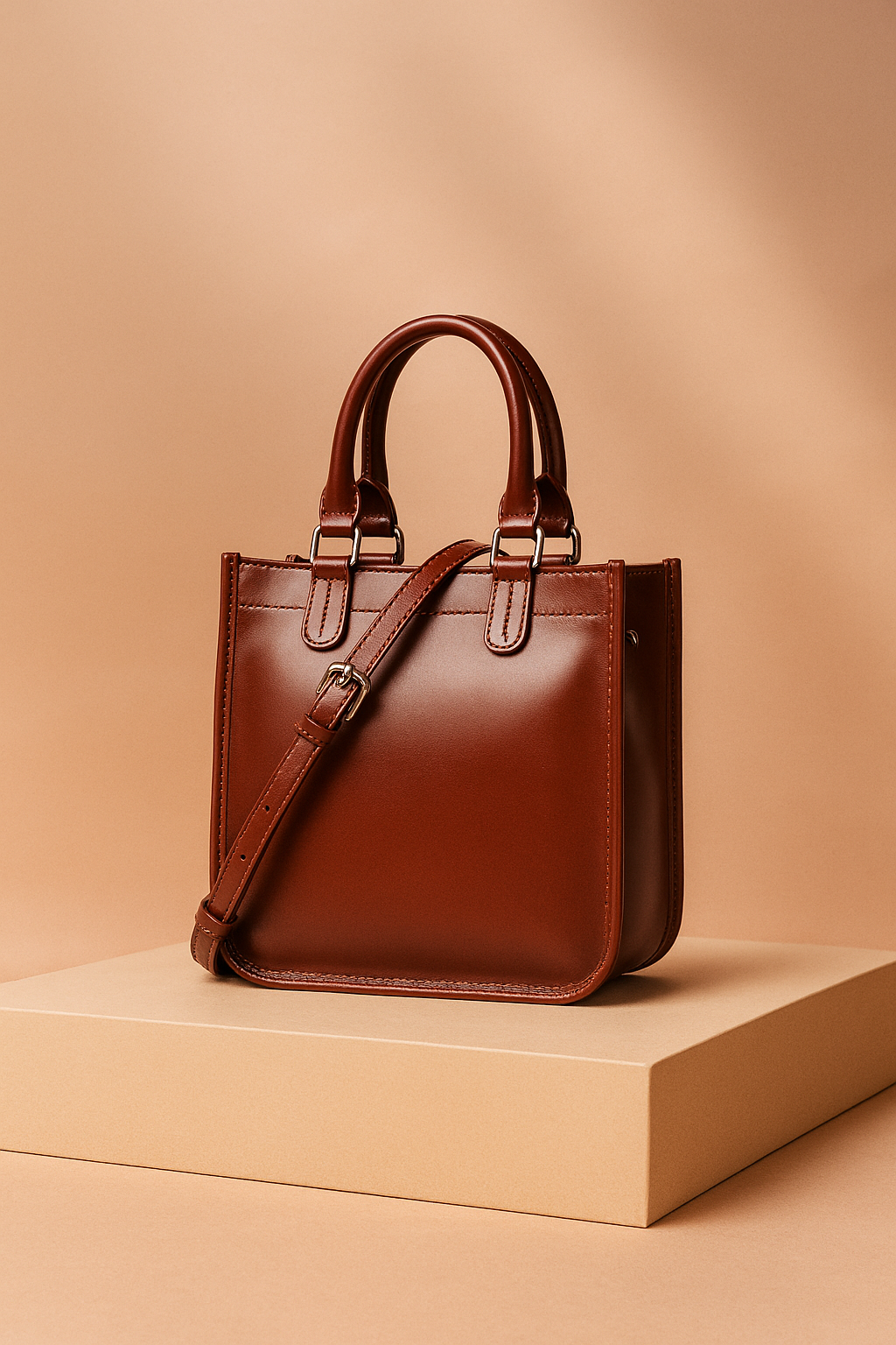 Classic structured chestnut-brown leather handbag with double top handles, smooth polished finish, detailed stitching, and an adjustable shoulder strap with silver hardware.