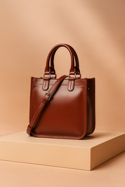 Classic structured chestnut-brown leather handbag with double top handles, smooth polished finish, detailed stitching, and an adjustable shoulder strap with silver hardware.
