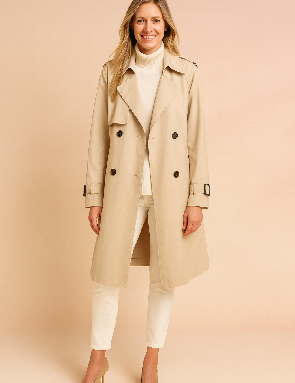 Beige double-breasted trench coat with black buttons, adjustable sleeve straps, and a classic lapel collar, layered over a cream turtleneck sweater and paired with slim white trousers and beige pointed-toe heels.