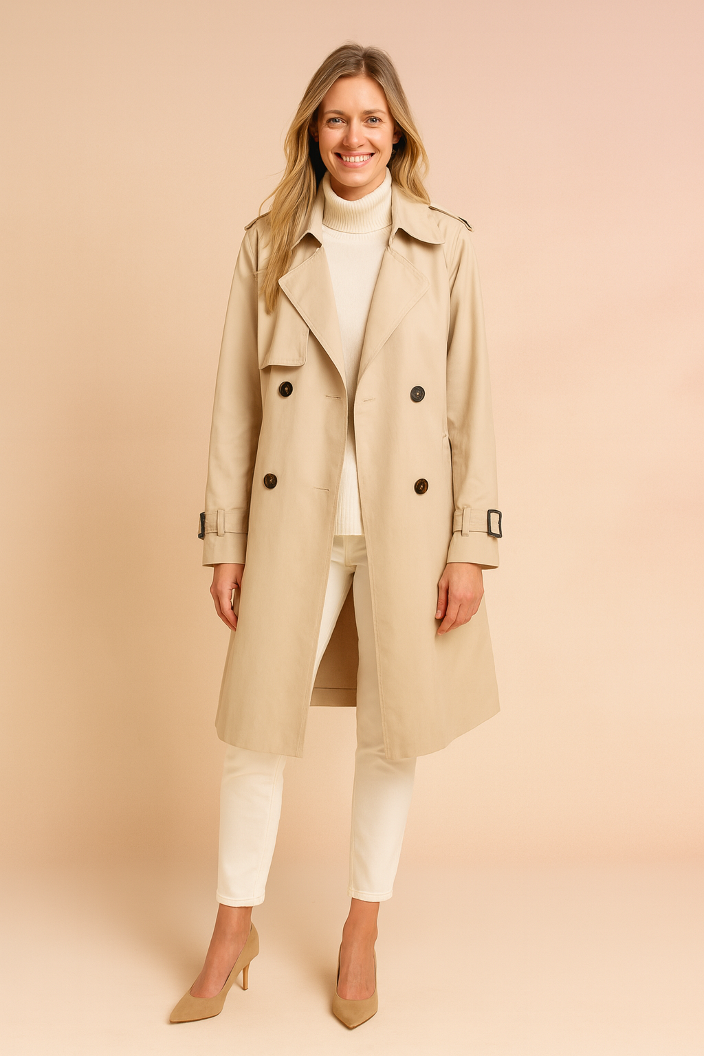 Beige double-breasted trench coat with black buttons, adjustable sleeve straps, and a classic lapel collar, layered over a cream turtleneck sweater and paired with slim white trousers and beige pointed-toe heels.