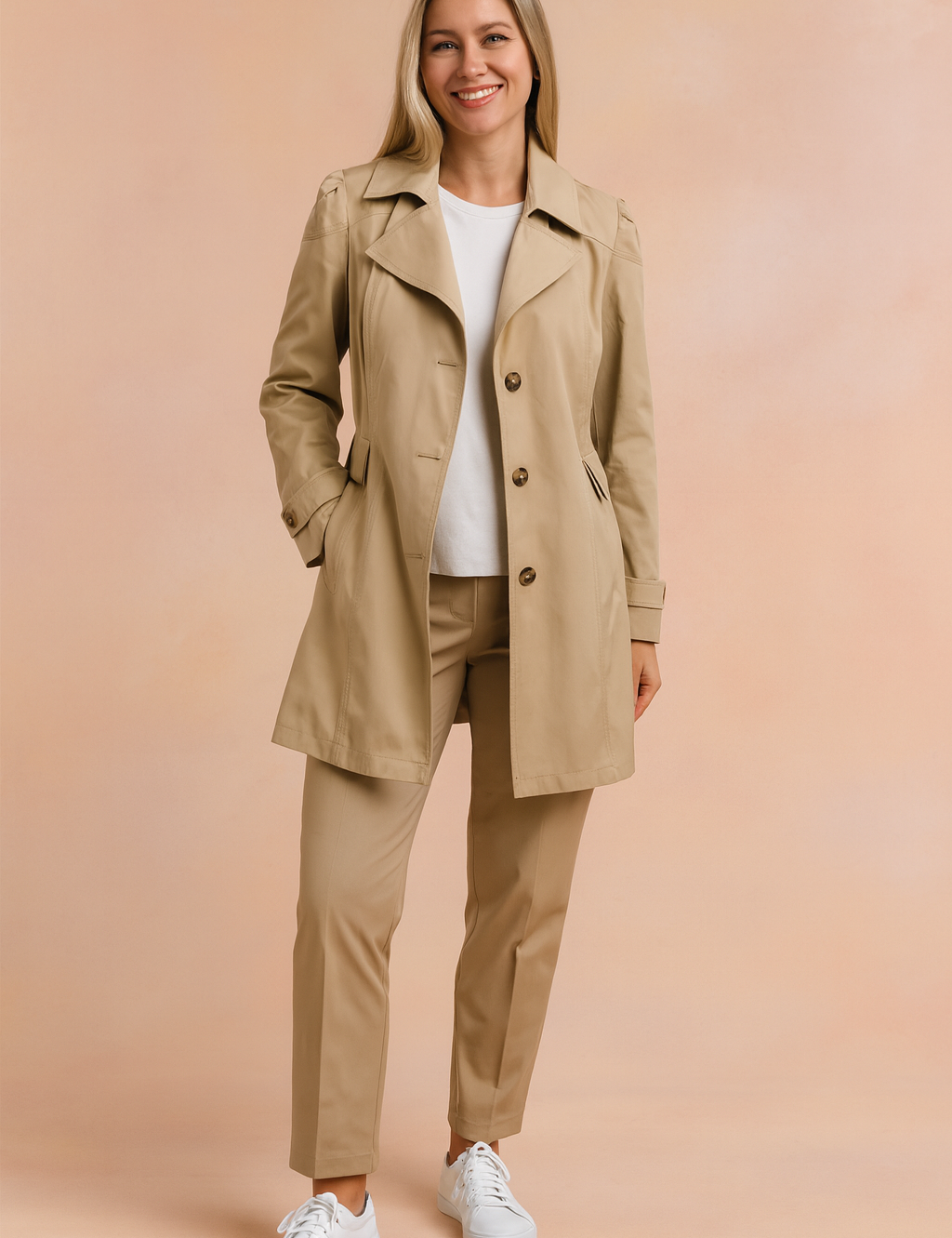 Classic beige trench coat with structured shoulders, notch lapels, and button-front closure, paired with a white crewneck top and tailored beige trousers, styled with white low-top sneakers.