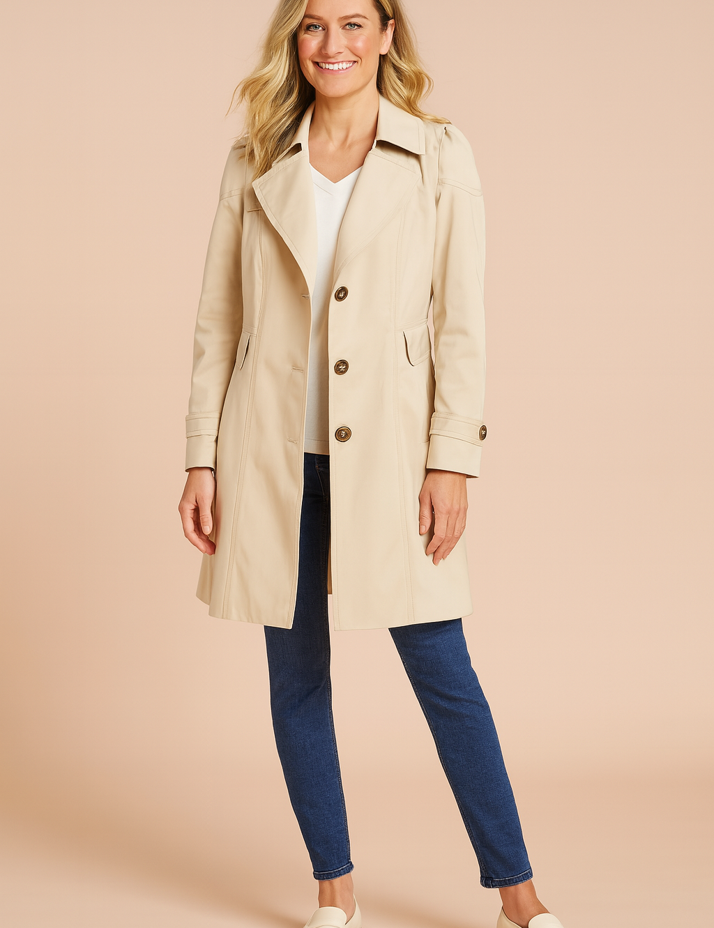 Elegant beige trench coat with button closure, tailored lapels, and flap pockets, paired with fitted dark blue jeans and cream loafers