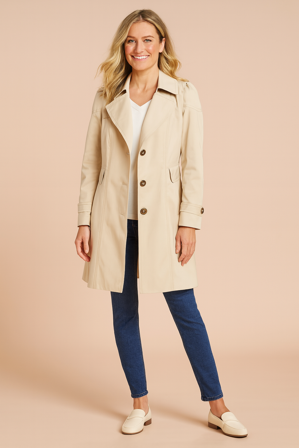 Elegant beige trench coat with button closure, tailored lapels, and flap pockets, paired with fitted dark blue jeans and cream loafers