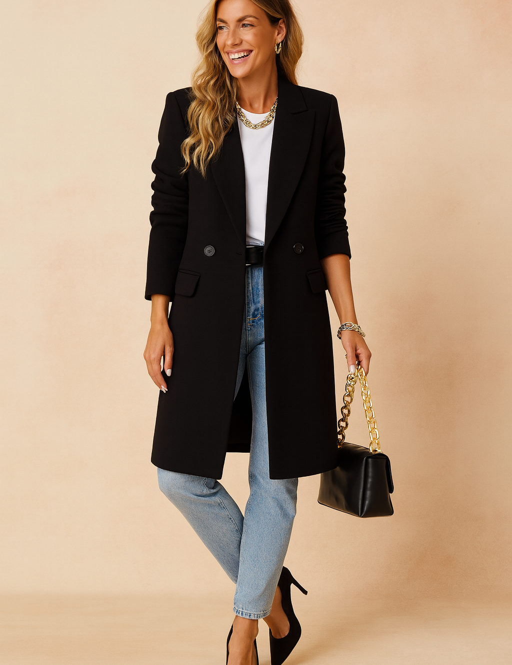 Black long tailored coat with two front buttons styled over a white top and light blue straight-leg jeans, paired with a black leather handbag with a gold chain strap and black pointed heels.