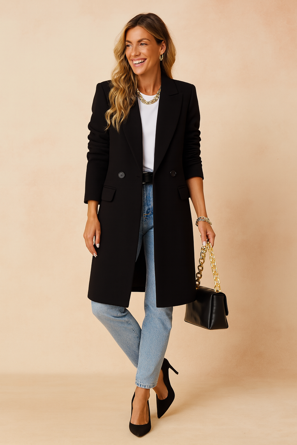 Black long tailored coat with two front buttons styled over a white top and light blue straight-leg jeans, paired with a black leather handbag with a gold chain strap and black pointed heels.