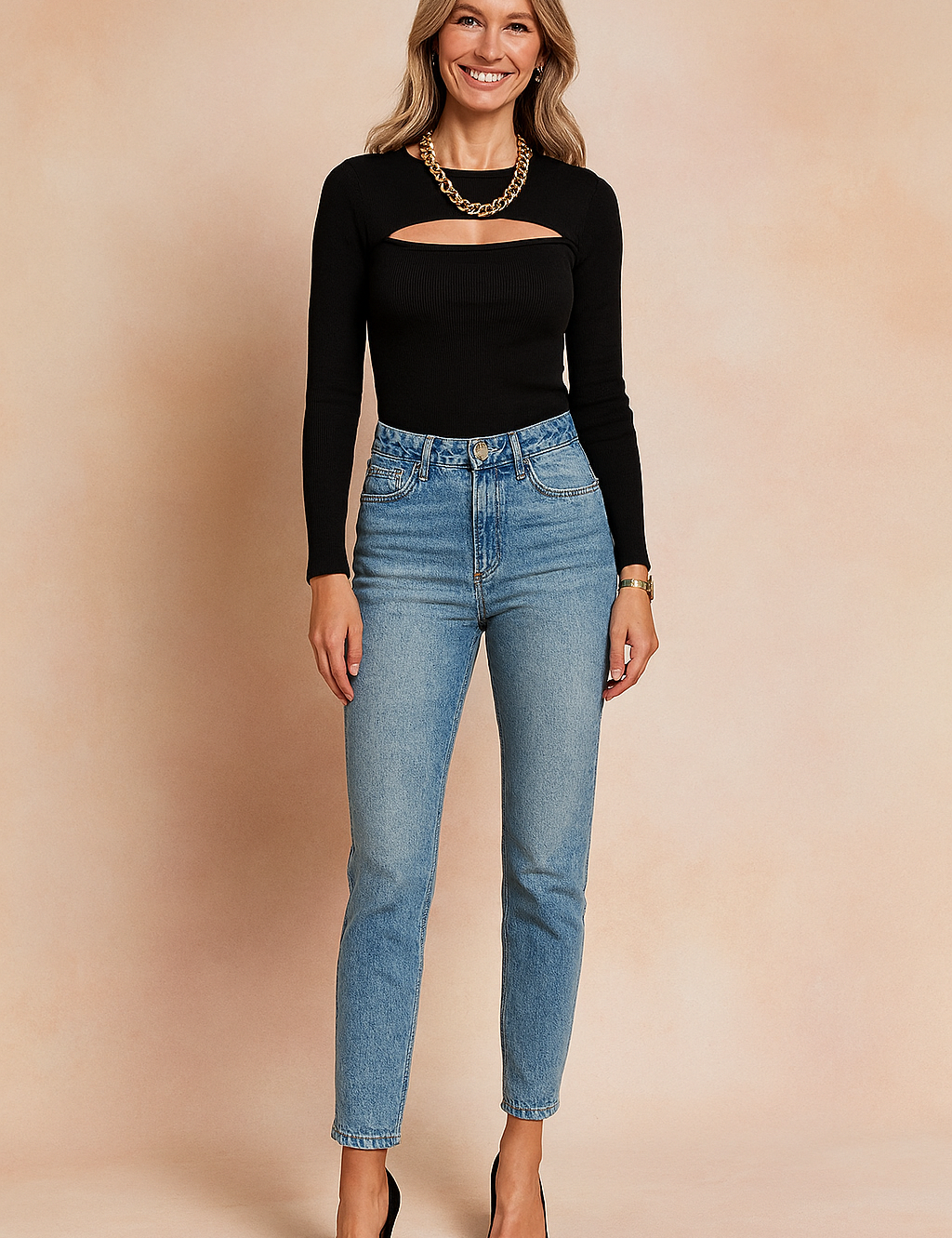 Black ribbed long-sleeve cutout top paired with high-waisted light blue jeans and black pointed-toe pumps, accessorized with a chunky gold chain necklace.
