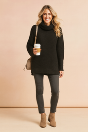 Oversized black chunky knit turtleneck sweater with long sleeves, paired with dark grey skinny jeans and taupe suede ankle boots, accessorized with a beige crossbody bag.
