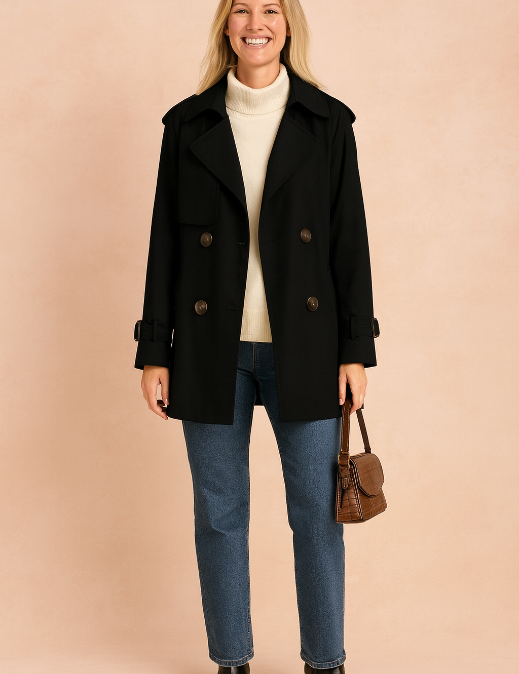 Black double-breasted trench coat with wide lapels, buttoned cuffs, and brown buttons, layered over a cream turtleneck sweater, paired with straight-leg blue jeans and black ankle boots, accessorized with a small brown leather handbag.