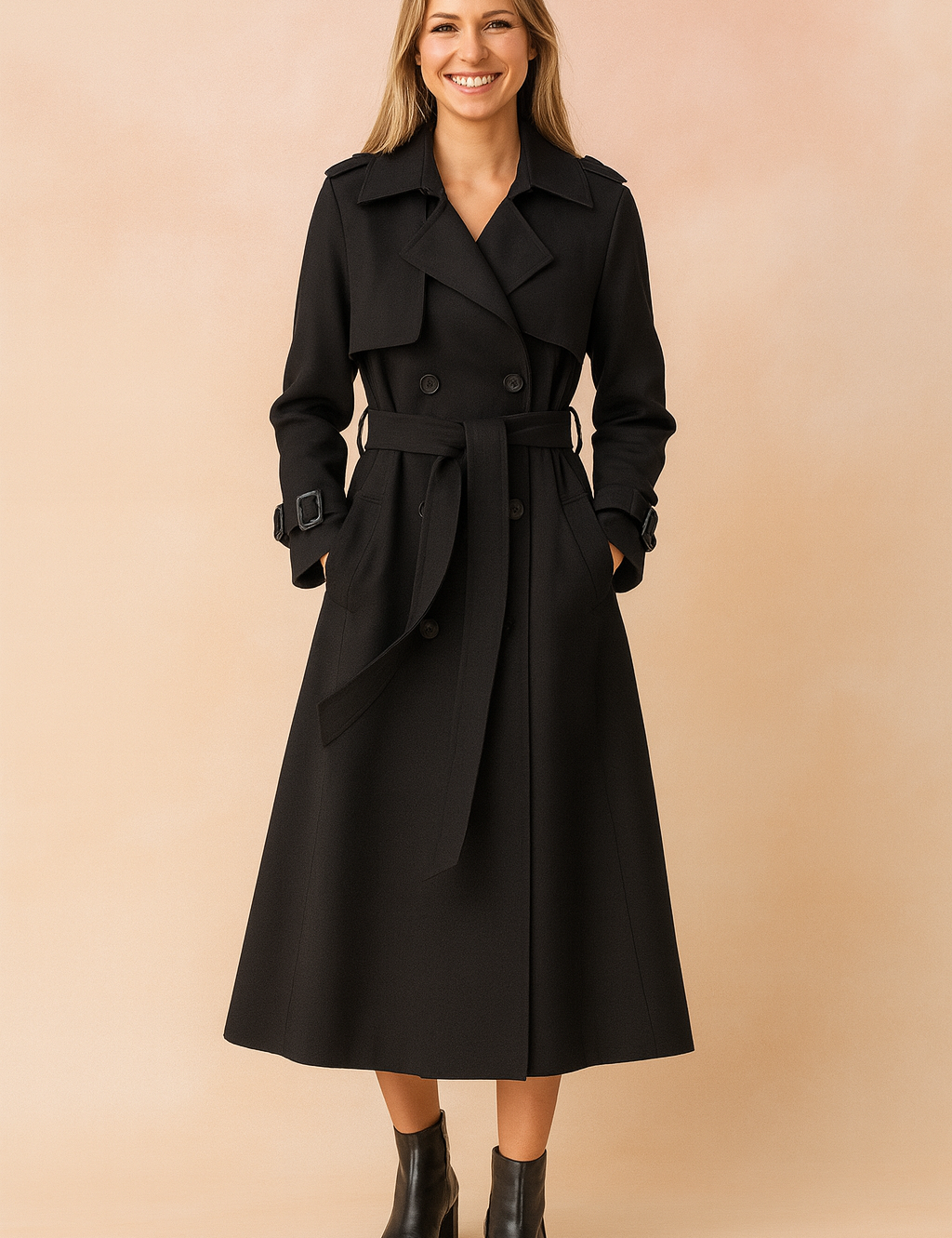  Elegant black double-breasted trench coat with waist belt, calf-length hemline, wide lapels, shoulder epaulets, and adjustable wrist straps, paired with sleek black ankle boots.