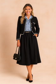 Elegant black cropped tweed jacket with pearl trim and gold buttons, styled over a light blue bow-tie blouse and black A-line skirt, paired with a quilted handbag and black heels.