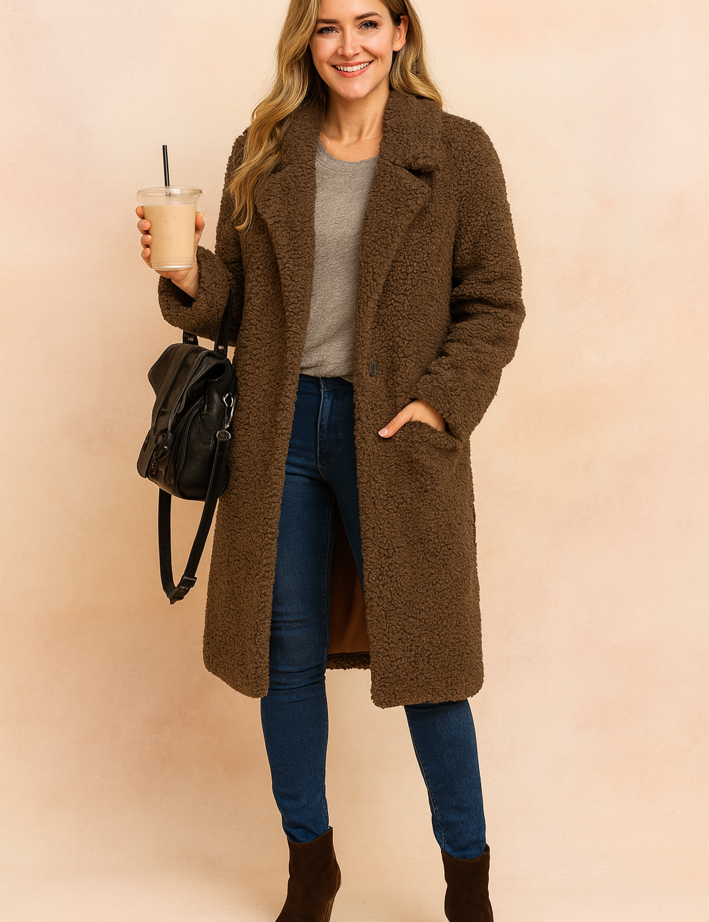 Dark brown teddy coat with a soft textured finish, worn over a light grey knit top and paired with dark blue skinny jeans and brown suede ankle boots, accessorized with a black leather backpack.