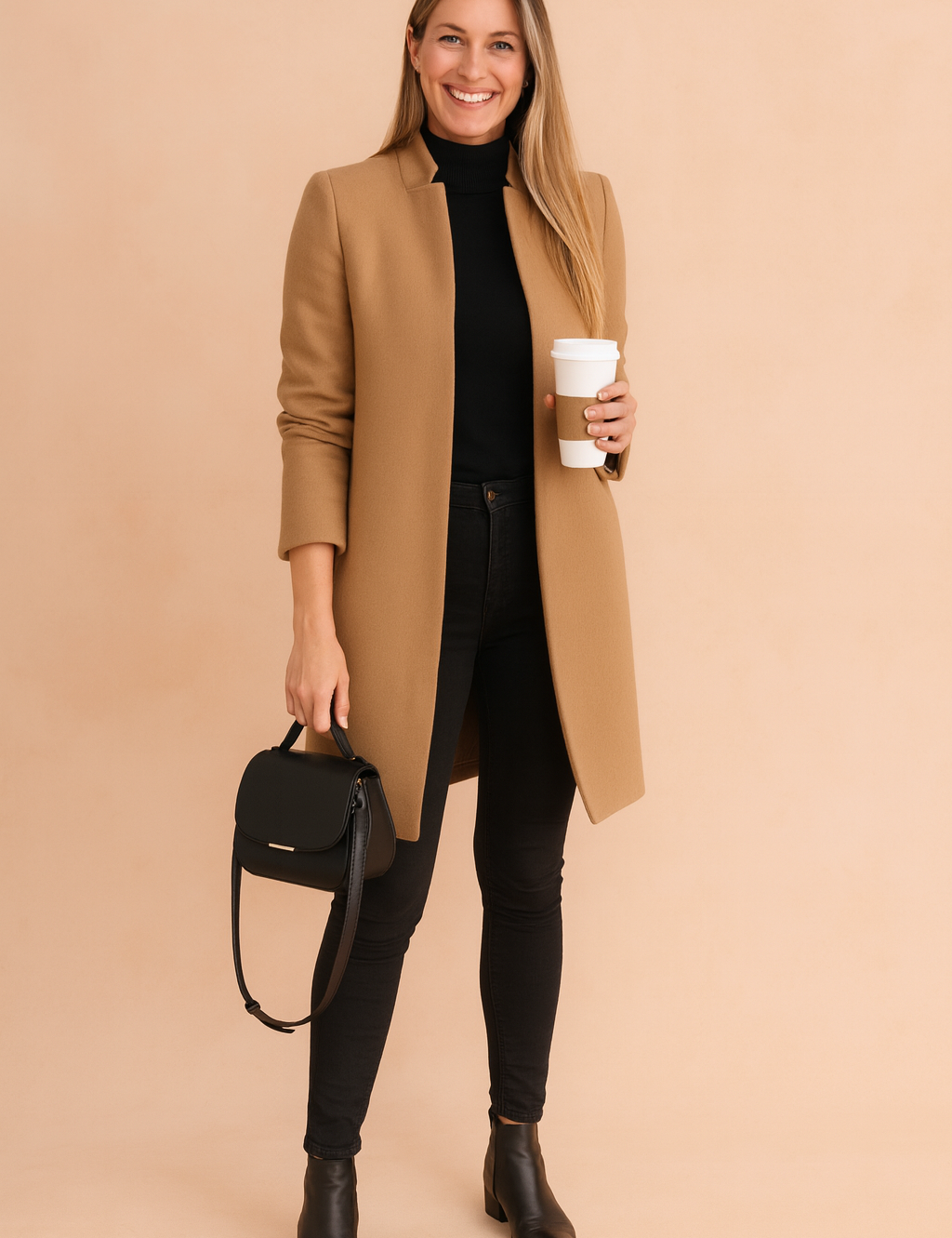 Elegant camel longline coat over a fitted black turtleneck, paired with slim black jeans, sleek black ankle boots, and a structured black leather handbag.