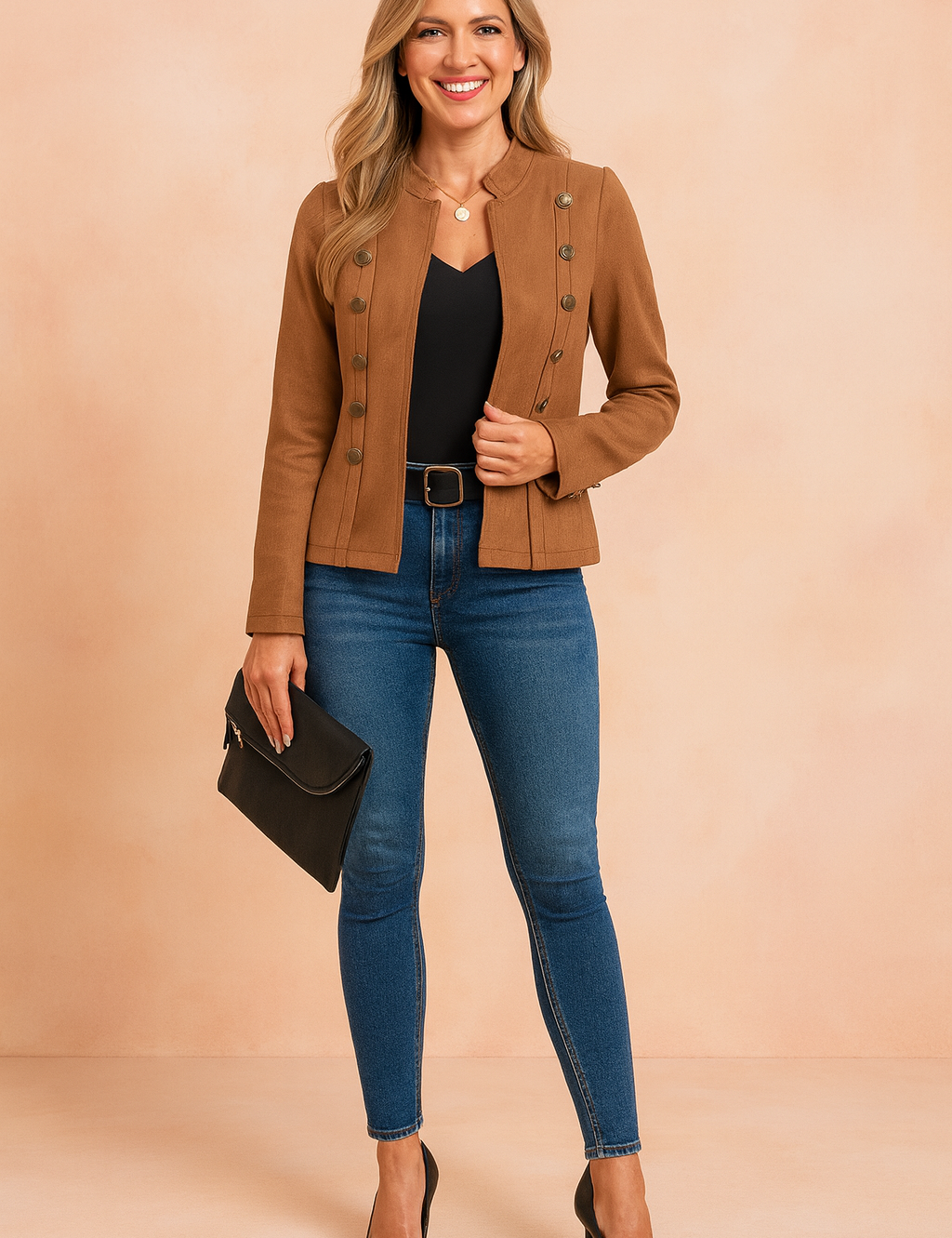Stylish camel suede military jacket with bronze button accents, paired with a black V-neck top, dark blue slim-fit jeans, and black high heels, accessorized with a black clutch.