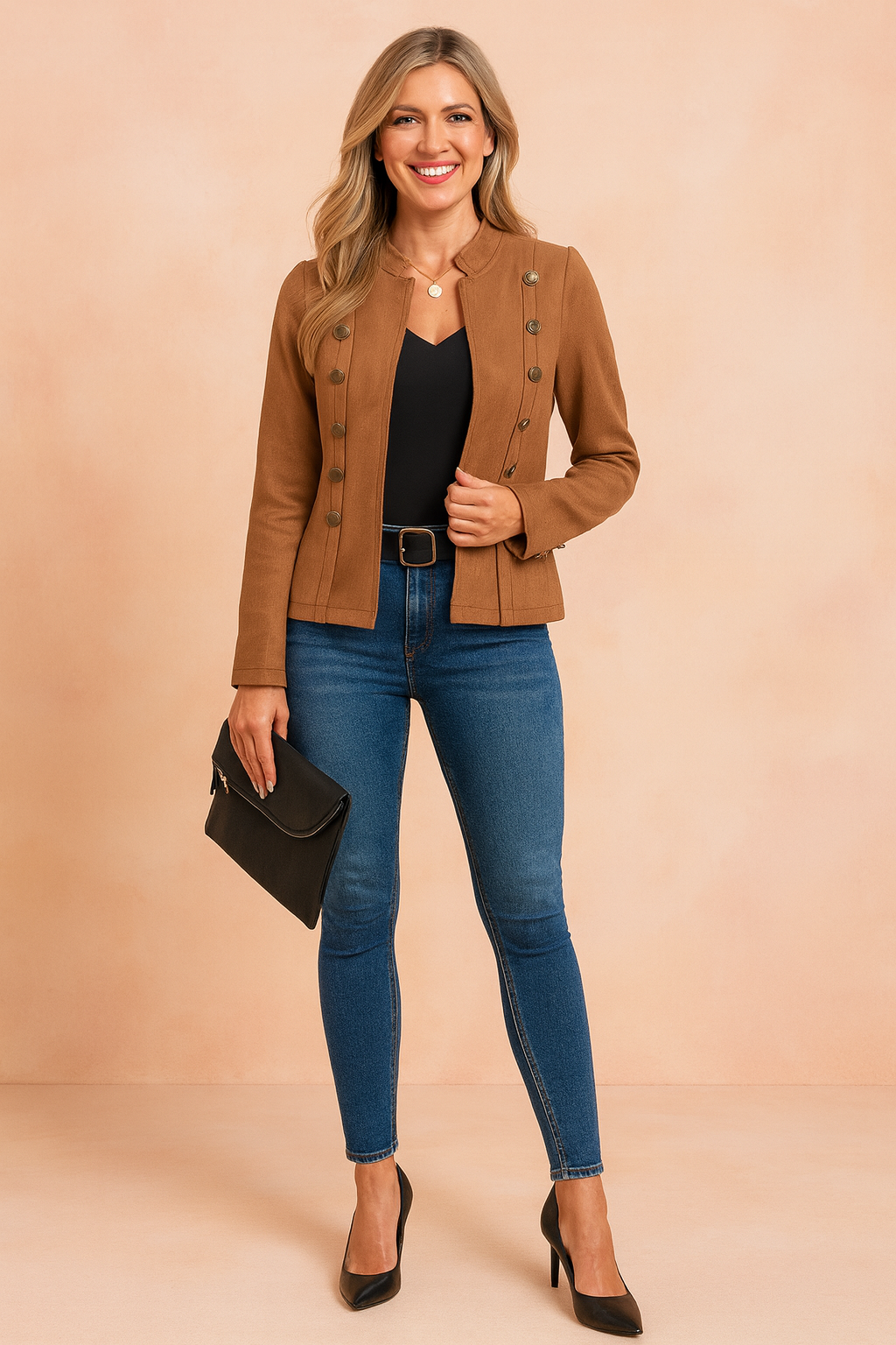 Stylish camel suede military jacket with bronze button accents, paired with a black V-neck top, dark blue slim-fit jeans, and black high heels, accessorized with a black clutch.