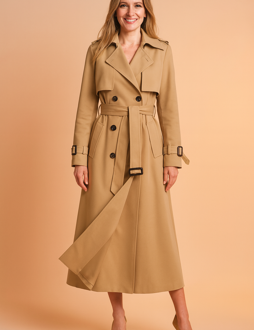 Classic full-length camel trench coat with double-breasted button closure, wide lapels, belted waist, buckle cuffs, and side pockets, paired with matching suede pointed-toe heels.
