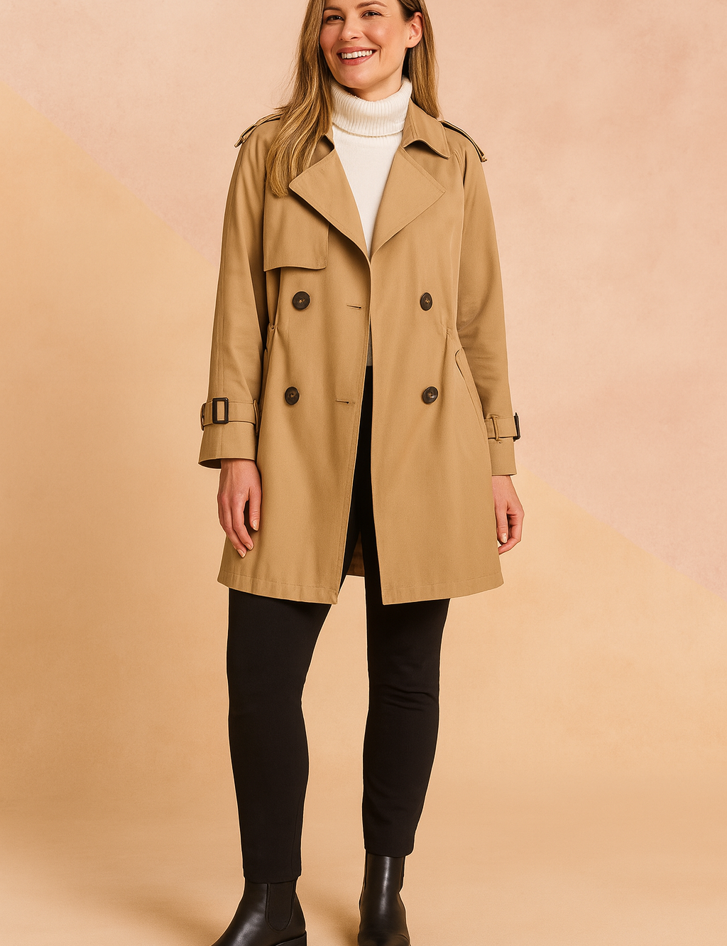Classic camel trench coat with double-breasted button closure, waist cinch detailing, belted cuffs, and paired with a white ribbed turtleneck, black slim-fit pants, and black leather ankle boots.