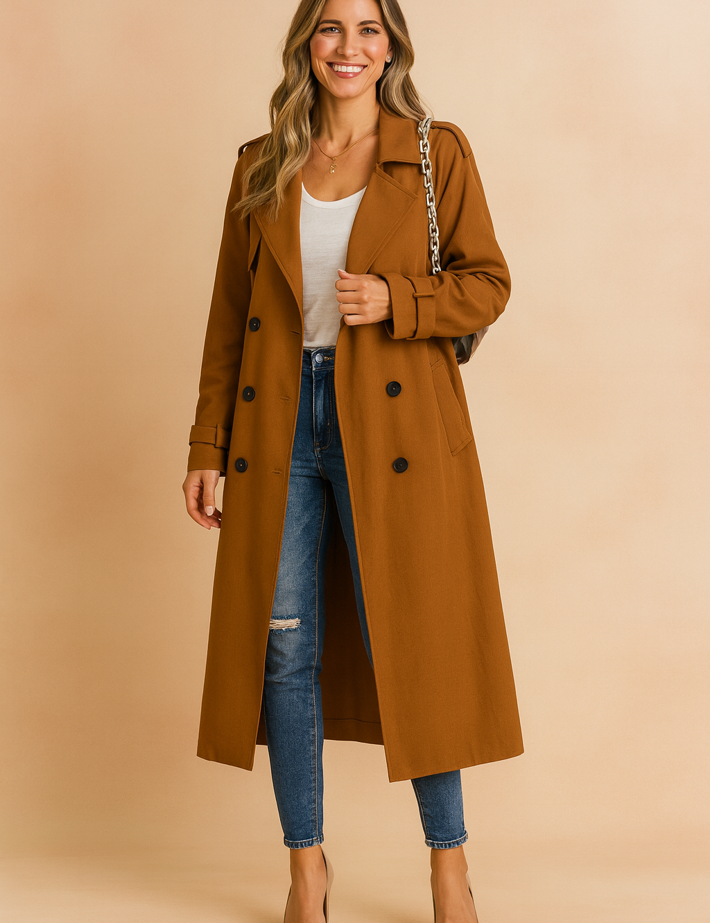 Camel double-breasted trench coat paired with a fitted white T-shirt, distressed blue skinny jeans, and beige pointed-toe pumps, accessorized with a gold pendant necklace and a chain-strap handbag.
