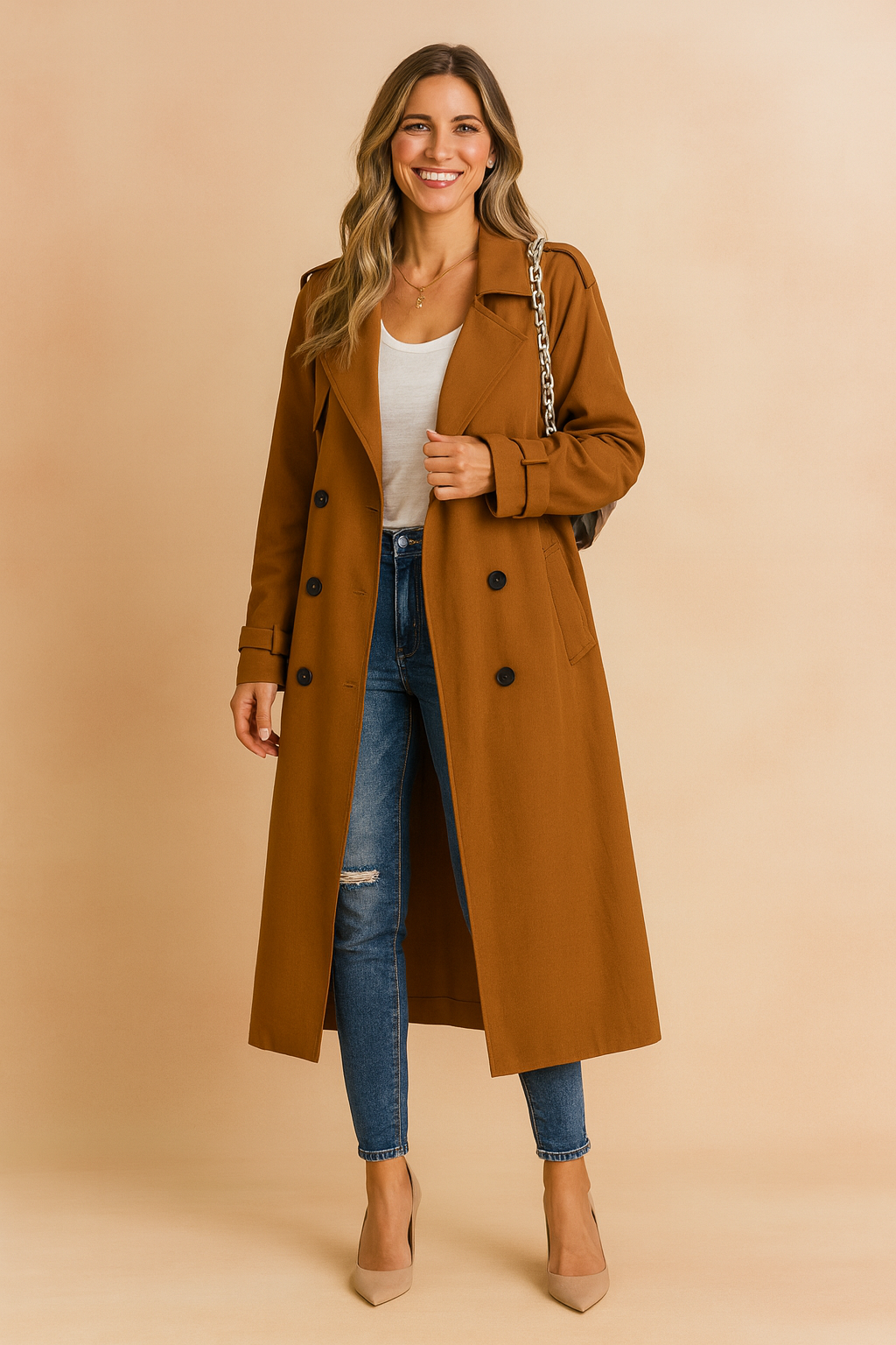 Camel double-breasted trench coat paired with a fitted white T-shirt, distressed blue skinny jeans, and beige pointed-toe pumps, accessorized with a gold pendant necklace and a chain-strap handbag.